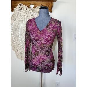Vintage Y2K Wrapper Metallic Sheer Lace Purple Fitted Top Size Medium